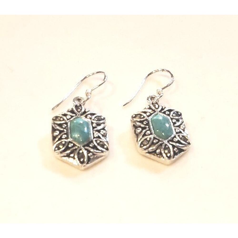 Southwest Style Earrings Dainty Small Turquoise Silver Tone 1.25" Signed - Picture 3 of 7